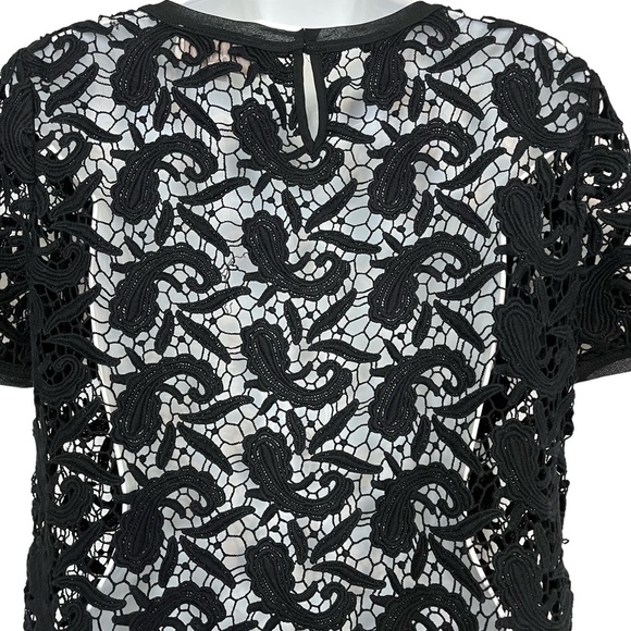 Ann Taylor LOFT Black Paisley Crochet Short Sleeve Sheer Top Blouse Shirt sz M - Picture 16 of 16